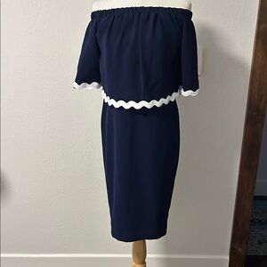 Shoshanna Navy Off-Shoulder Midi Dress with White Trim never worn with tags